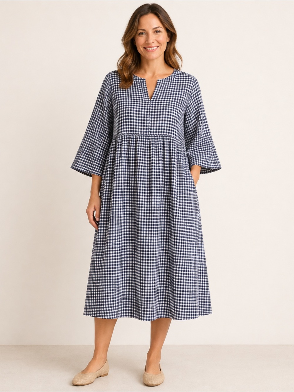 LINTICO navy white gingham linen midi  relaxed gathered waist dress Large NWT